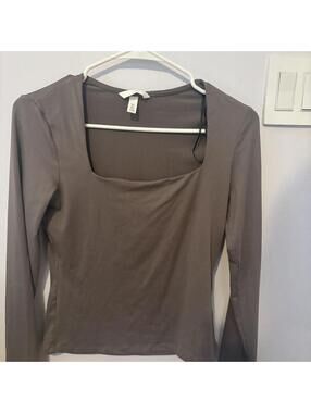 H&M Women's Long Sleeve Top with Square Neckline, Size S, Brown Gray